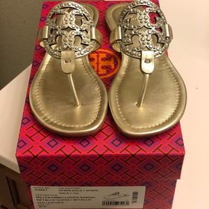 Tory Burch Miller Sandals Gold Embellished